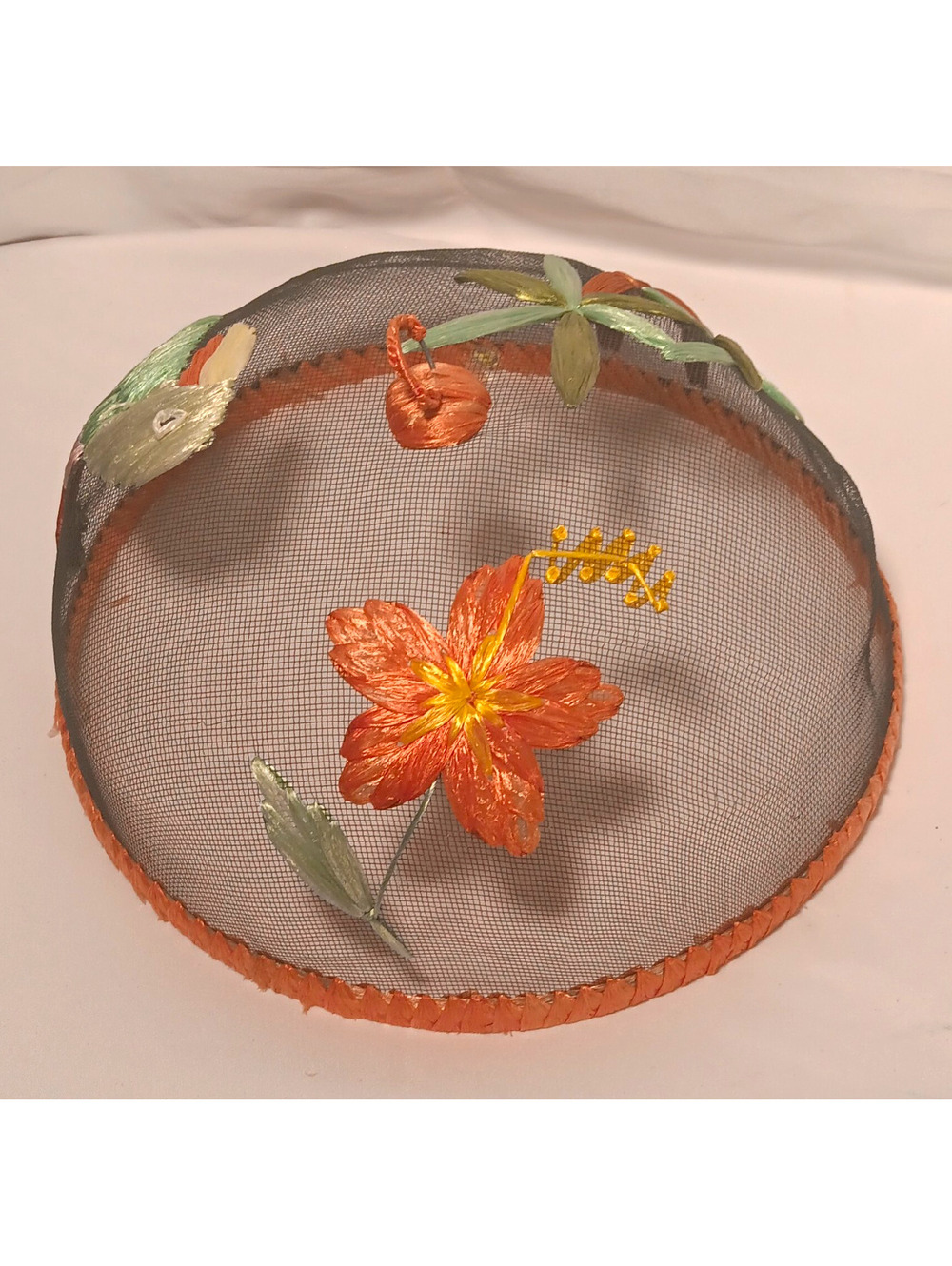 Vintage Mesh Fascinator Hat Tropical Embroidered Bird Floral Orange One Size